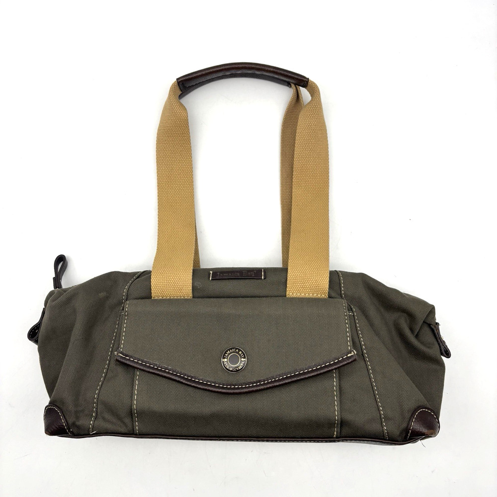 Vintage 00s Y2K Jamaica Bay Green Herringbone Canvas Leather Trim Shoulder Bag